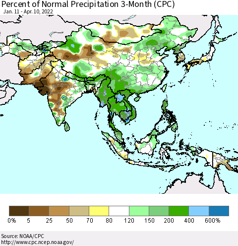 Asia Percent of Normal Precipitation 3-Month (CPC) Thematic Map For 1/11/2022 - 4/10/2022
