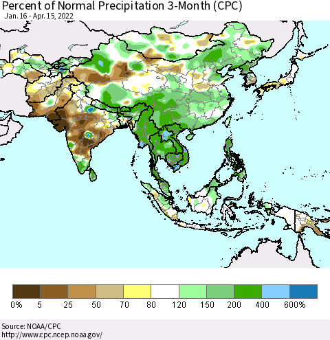 Asia Percent of Normal Precipitation 3-Month (CPC) Thematic Map For 1/16/2022 - 4/15/2022