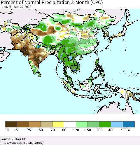 Asia Percent of Normal Precipitation 3-Month (CPC) Thematic Map For 1/21/2022 - 4/20/2022
