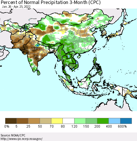 Asia Percent of Normal Precipitation 3-Month (CPC) Thematic Map For 1/26/2022 - 4/25/2022