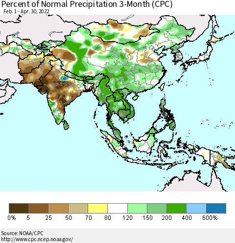 Asia Percent of Normal Precipitation 3-Month (CPC) Thematic Map For 2/1/2022 - 4/30/2022