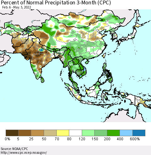 Asia Percent of Normal Precipitation 3-Month (CPC) Thematic Map For 2/6/2022 - 5/5/2022