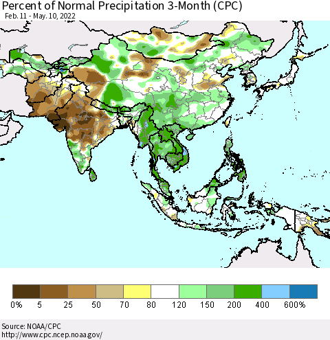 Asia Percent of Normal Precipitation 3-Month (CPC) Thematic Map For 2/11/2022 - 5/10/2022