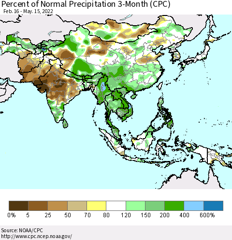 Asia Percent of Normal Precipitation 3-Month (CPC) Thematic Map For 2/16/2022 - 5/15/2022
