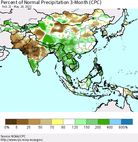 Asia Percent of Normal Precipitation 3-Month (CPC) Thematic Map For 2/21/2022 - 5/20/2022