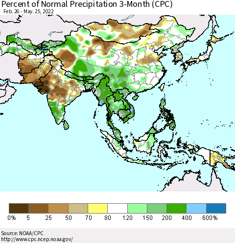 Asia Percent of Normal Precipitation 3-Month (CPC) Thematic Map For 2/26/2022 - 5/25/2022