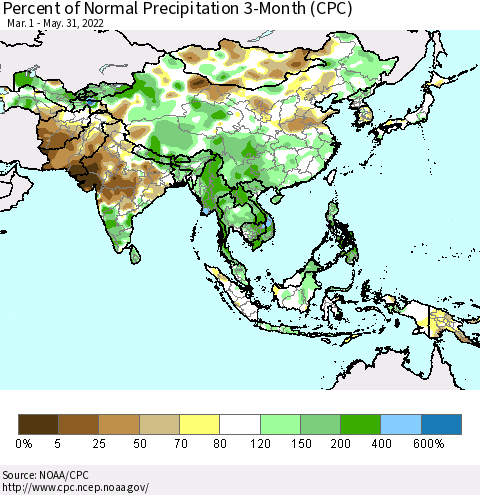 Asia Percent of Normal Precipitation 3-Month (CPC) Thematic Map For 3/1/2022 - 5/31/2022