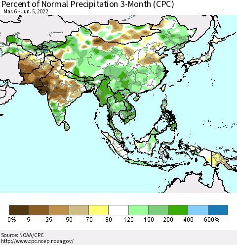 Asia Percent of Normal Precipitation 3-Month (CPC) Thematic Map For 3/6/2022 - 6/5/2022