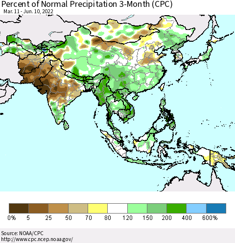 Asia Percent of Normal Precipitation 3-Month (CPC) Thematic Map For 3/11/2022 - 6/10/2022