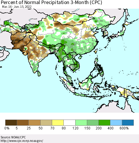 Asia Percent of Normal Precipitation 3-Month (CPC) Thematic Map For 3/16/2022 - 6/15/2022