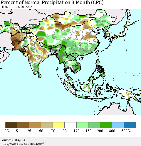 Asia Percent of Normal Precipitation 3-Month (CPC) Thematic Map For 3/21/2022 - 6/20/2022