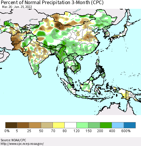 Asia Percent of Normal Precipitation 3-Month (CPC) Thematic Map For 3/26/2022 - 6/25/2022