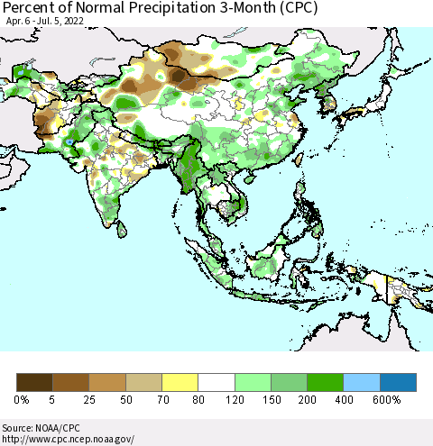 Asia Percent of Normal Precipitation 3-Month (CPC) Thematic Map For 4/6/2022 - 7/5/2022