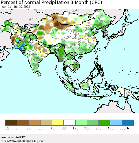 Asia Percent of Normal Precipitation 3-Month (CPC) Thematic Map For 4/11/2022 - 7/10/2022