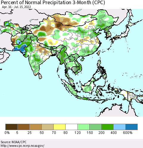 Asia Percent of Normal Precipitation 3-Month (CPC) Thematic Map For 4/16/2022 - 7/15/2022