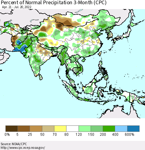 Asia Percent of Normal Precipitation 3-Month (CPC) Thematic Map For 4/21/2022 - 7/20/2022