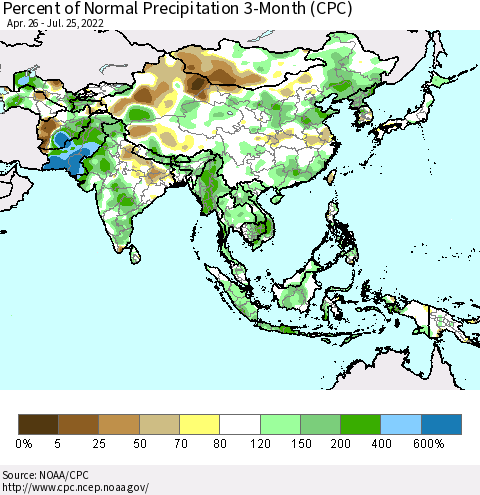Asia Percent of Normal Precipitation 3-Month (CPC) Thematic Map For 4/26/2022 - 7/25/2022