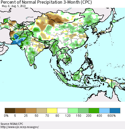 Asia Percent of Normal Precipitation 3-Month (CPC) Thematic Map For 5/6/2022 - 8/5/2022
