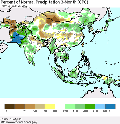 Asia Percent of Normal Precipitation 3-Month (CPC) Thematic Map For 5/26/2022 - 8/25/2022