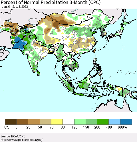 Asia Percent of Normal Precipitation 3-Month (CPC) Thematic Map For 6/6/2022 - 9/5/2022