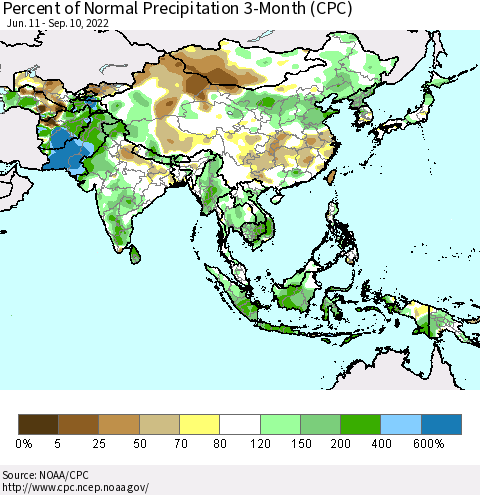 Asia Percent of Normal Precipitation 3-Month (CPC) Thematic Map For 6/11/2022 - 9/10/2022