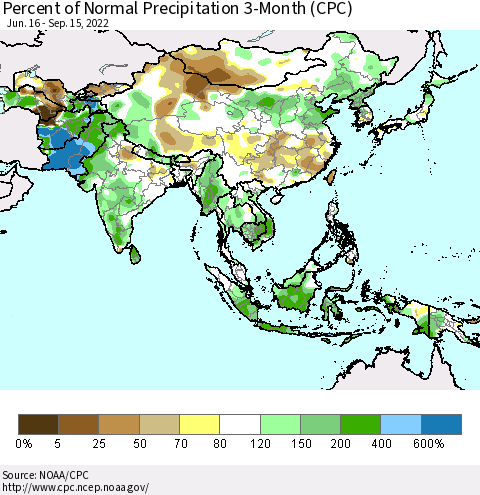 Asia Percent of Normal Precipitation 3-Month (CPC) Thematic Map For 6/16/2022 - 9/15/2022