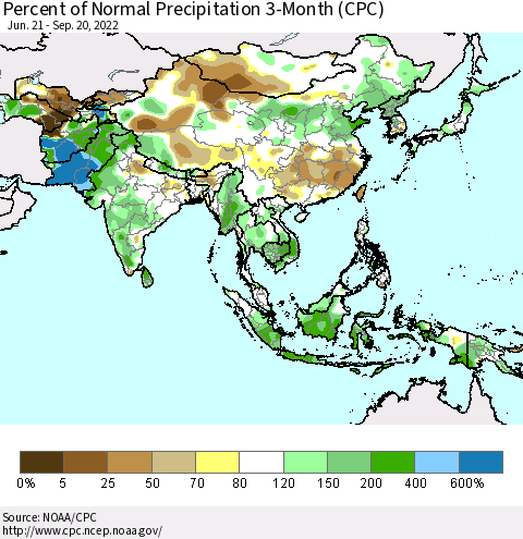 Asia Percent of Normal Precipitation 3-Month (CPC) Thematic Map For 6/21/2022 - 9/20/2022