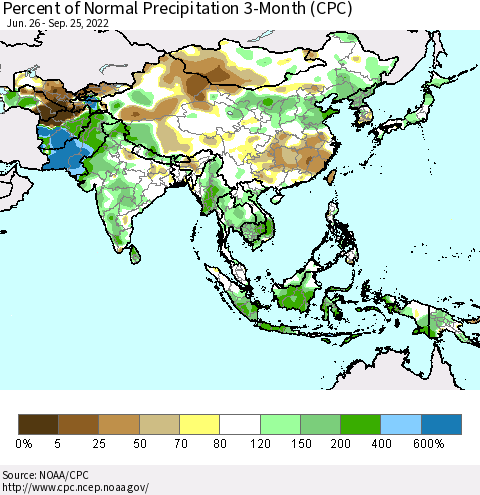 Asia Percent of Normal Precipitation 3-Month (CPC) Thematic Map For 6/26/2022 - 9/25/2022