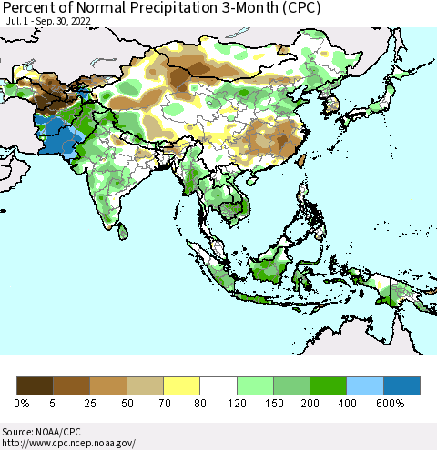 Asia Percent of Normal Precipitation 3-Month (CPC) Thematic Map For 7/1/2022 - 9/30/2022