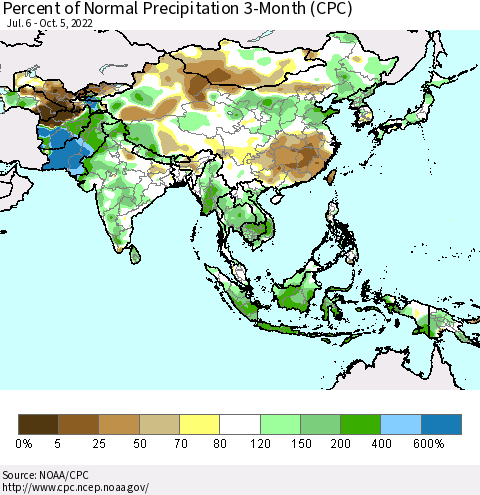 Asia Percent of Normal Precipitation 3-Month (CPC) Thematic Map For 7/6/2022 - 10/5/2022