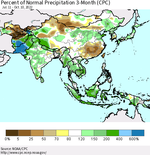Asia Percent of Normal Precipitation 3-Month (CPC) Thematic Map For 7/11/2022 - 10/10/2022
