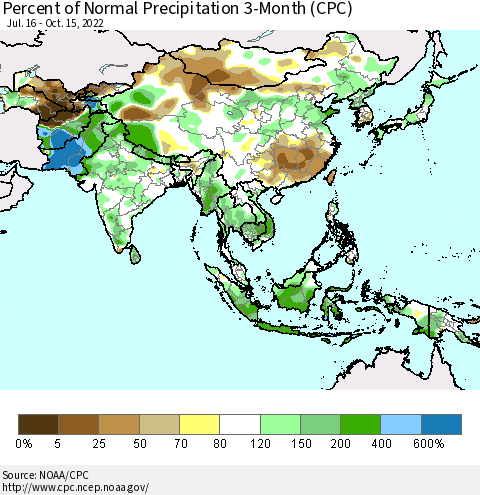 Asia Percent of Normal Precipitation 3-Month (CPC) Thematic Map For 7/16/2022 - 10/15/2022