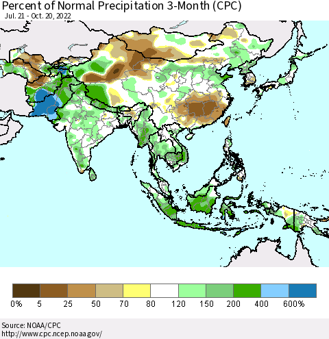 Asia Percent of Normal Precipitation 3-Month (CPC) Thematic Map For 7/21/2022 - 10/20/2022