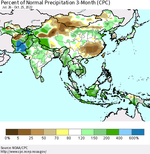 Asia Percent of Normal Precipitation 3-Month (CPC) Thematic Map For 7/26/2022 - 10/25/2022