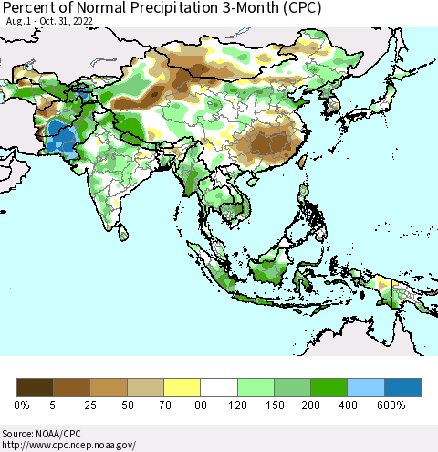 Asia Percent of Normal Precipitation 3-Month (CPC) Thematic Map For 8/1/2022 - 10/31/2022