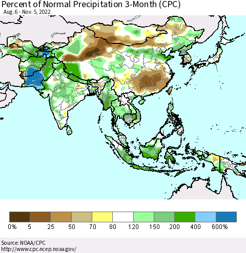 Asia Percent of Normal Precipitation 3-Month (CPC) Thematic Map For 8/6/2022 - 11/5/2022