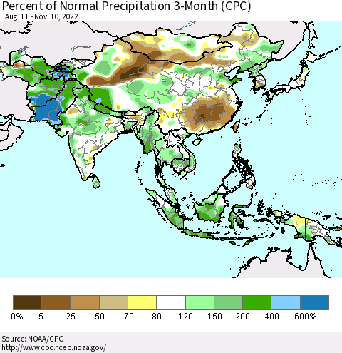 Asia Percent of Normal Precipitation 3-Month (CPC) Thematic Map For 8/11/2022 - 11/10/2022