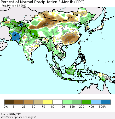 Asia Percent of Normal Precipitation 3-Month (CPC) Thematic Map For 8/16/2022 - 11/15/2022