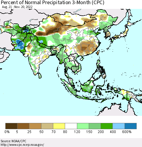 Asia Percent of Normal Precipitation 3-Month (CPC) Thematic Map For 8/21/2022 - 11/20/2022