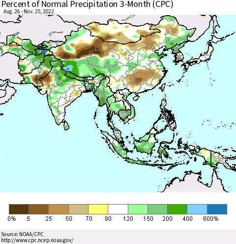 Asia Percent of Normal Precipitation 3-Month (CPC) Thematic Map For 8/26/2022 - 11/25/2022