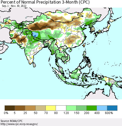 Asia Percent of Normal Precipitation 3-Month (CPC) Thematic Map For 9/1/2022 - 11/30/2022