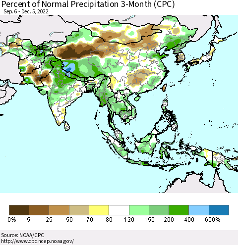 Asia Percent of Normal Precipitation 3-Month (CPC) Thematic Map For 9/6/2022 - 12/5/2022