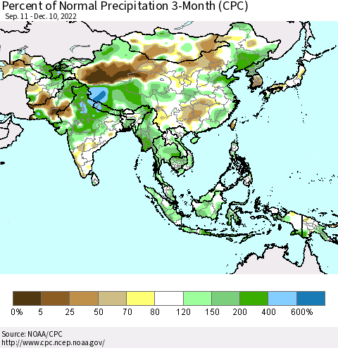 Asia Percent of Normal Precipitation 3-Month (CPC) Thematic Map For 9/11/2022 - 12/10/2022