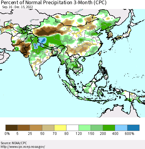 Asia Percent of Normal Precipitation 3-Month (CPC) Thematic Map For 9/16/2022 - 12/15/2022