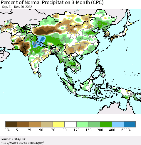 Asia Percent of Normal Precipitation 3-Month (CPC) Thematic Map For 9/21/2022 - 12/20/2022