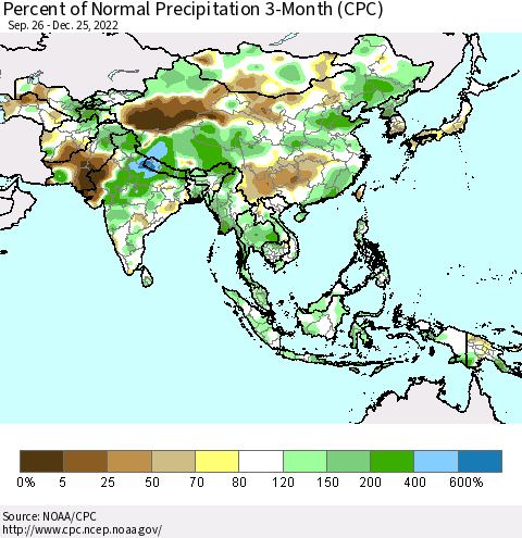 Asia Percent of Normal Precipitation 3-Month (CPC) Thematic Map For 9/26/2022 - 12/25/2022