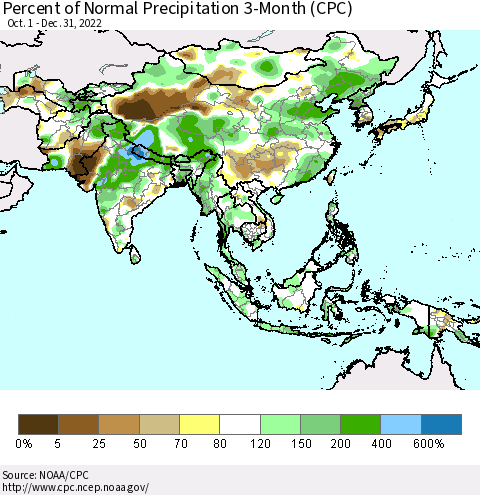 Asia Percent of Normal Precipitation 3-Month (CPC) Thematic Map For 10/1/2022 - 12/31/2022