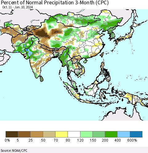 Asia Percent of Normal Precipitation 3-Month (CPC) Thematic Map For 10/11/2023 - 1/10/2024