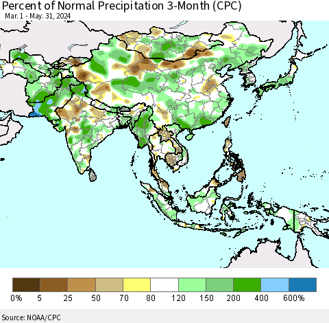 Asia Percent of Normal Precipitation 3-Month (CPC) Thematic Map For 3/1/2024 - 5/31/2024