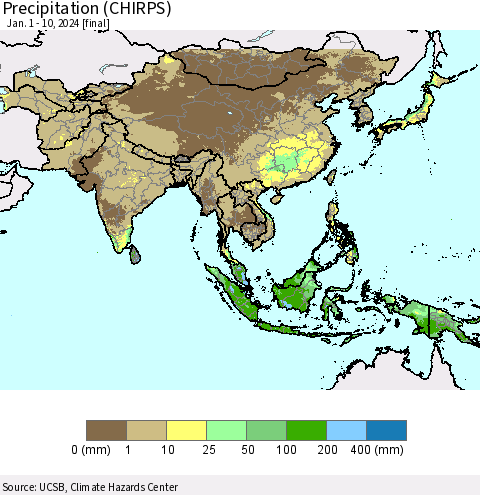 Asia Precipitation (CHIRPS) Thematic Map For 1/1/2024 - 1/10/2024